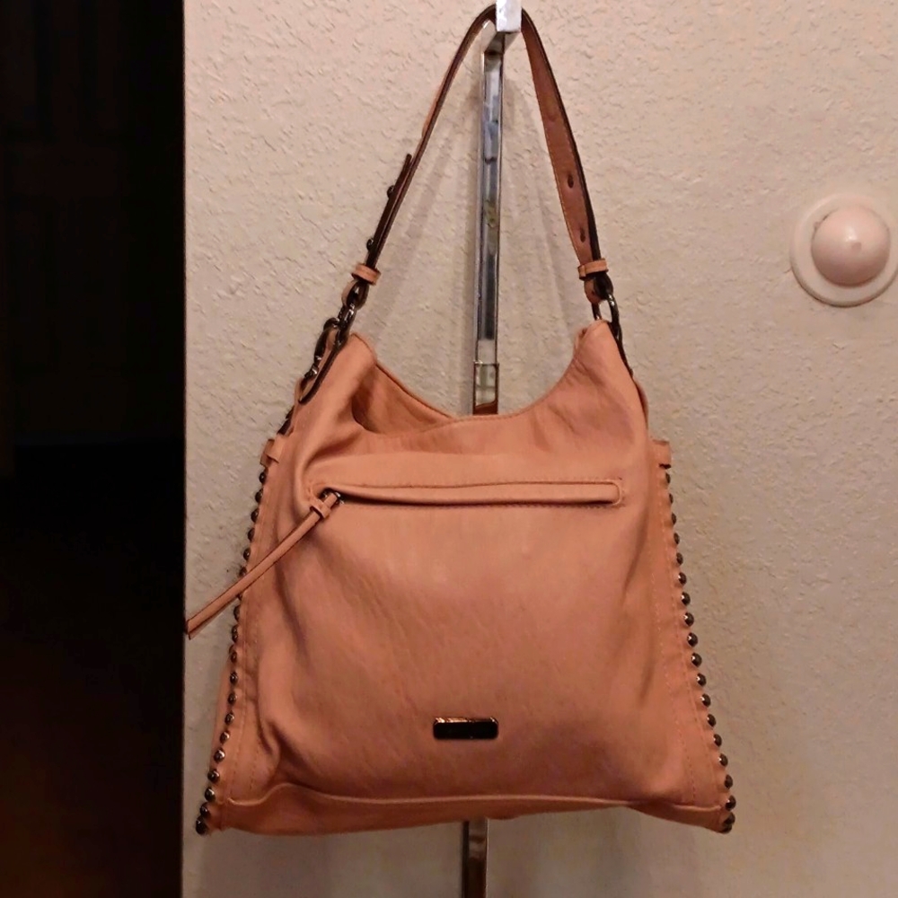 Jessica Simpson Tote with 2 straps, Pewter metal trim, pewter metal deco feather